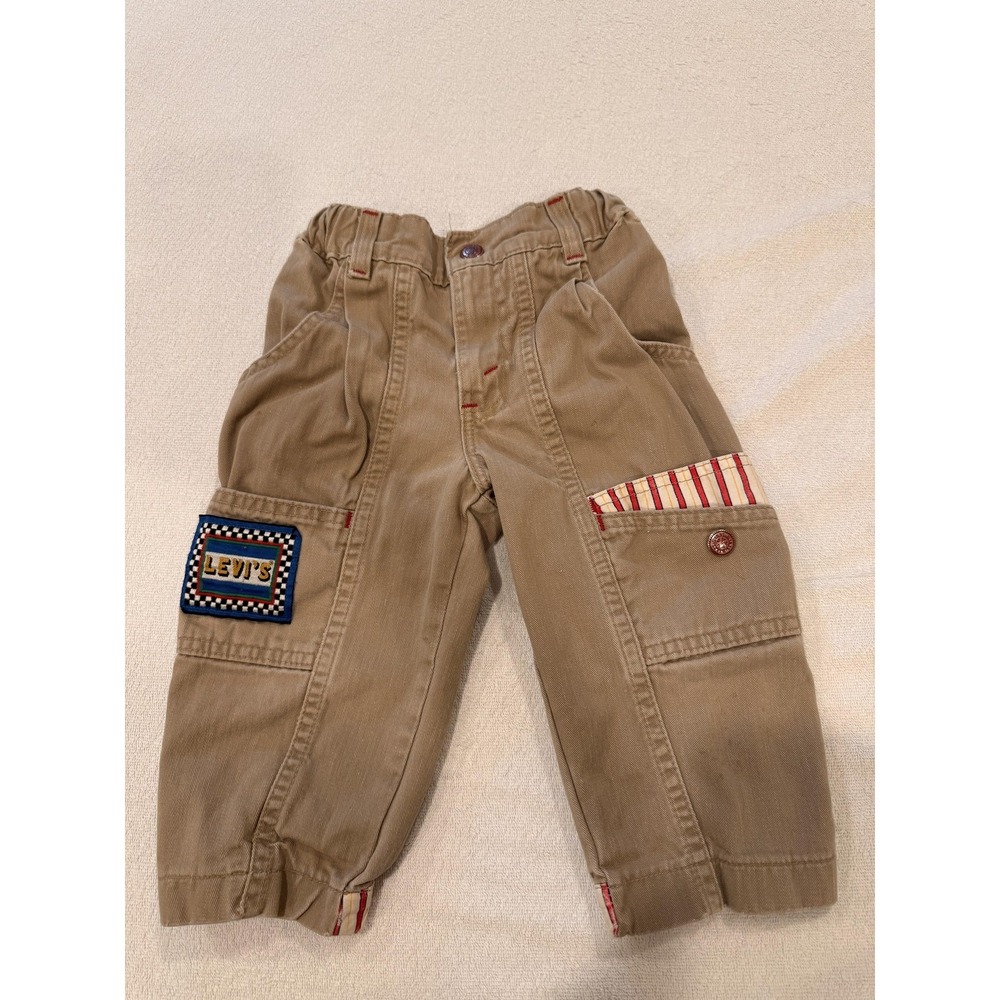 Levi's Pants Boys 2T Beige Cargo Striped Cuff Pockets Elastic Waist Made USA